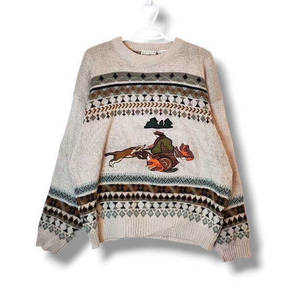 Vintage 90s Dog Camping Nature Knit Sweater Tan Size L - Picture 1 of 4